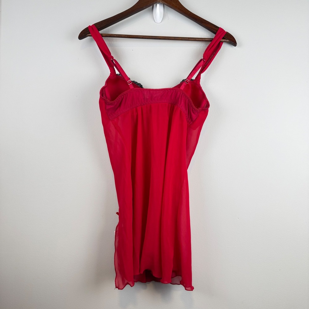 Y2K Babydoll Lace Sheer Chiffon Slip Dress Women Size M Red Coquette Boudoir - Picture 2 of 12